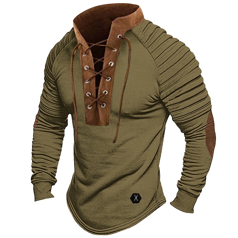 Color Block Long Sleeve Pleated Standing Collar Street Vacation Tee