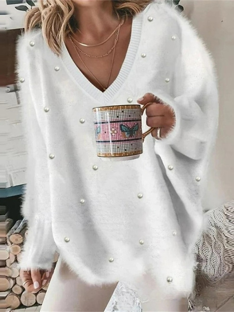 V-Neck Ribbed Knit Oversized Sweater White & Pink Everyday Style