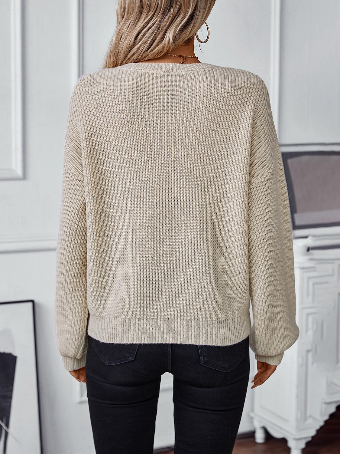 Crew Neck Lantern Sleeve Sweater White & Beige Elegant Knitwear